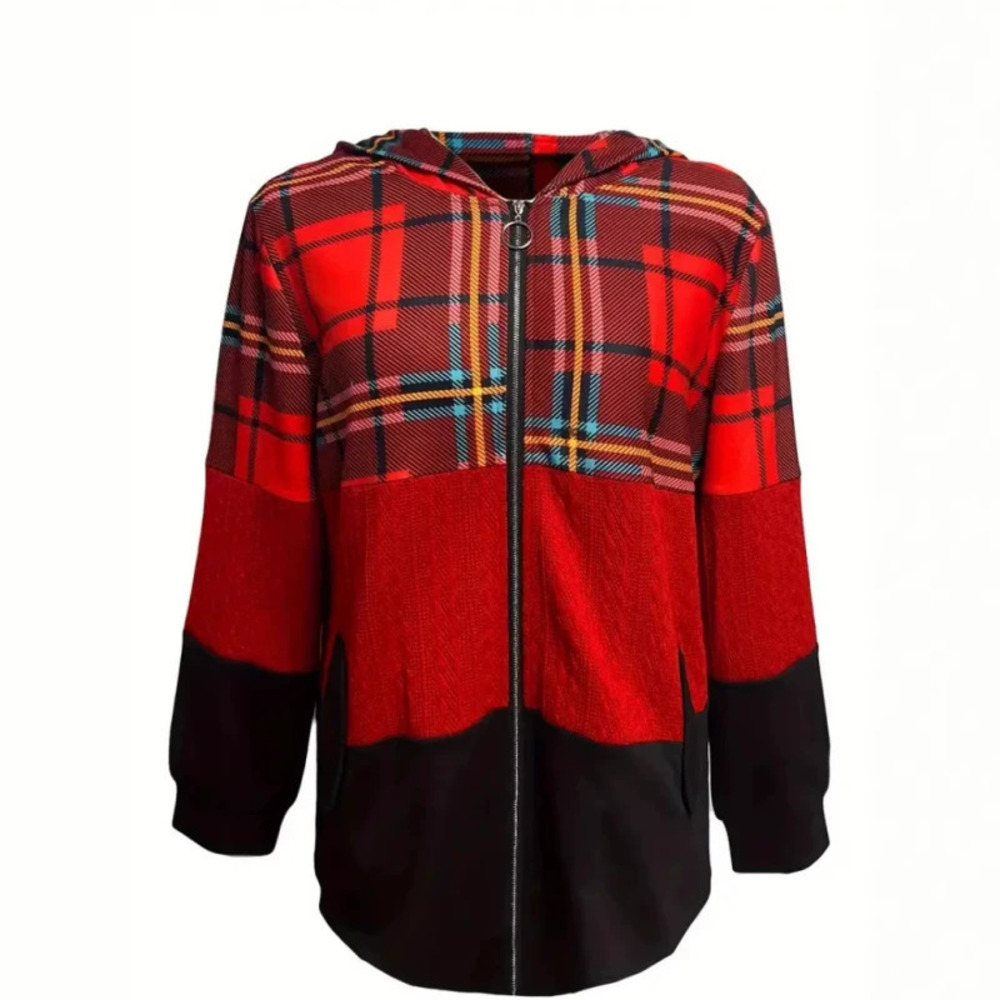 ZARA Womens Fall Winter Patchwork Plaid Hooded Zip Up Coat